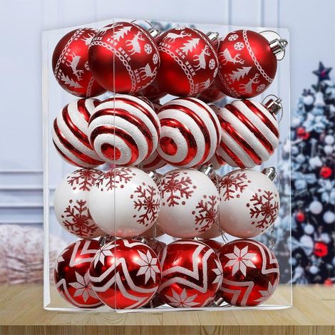 Lot de 24 boules de Noël rouges et blanches, décorations scintillantes assorties, guirlandes sapin, 6 cm, brillantes, festives (1/4)