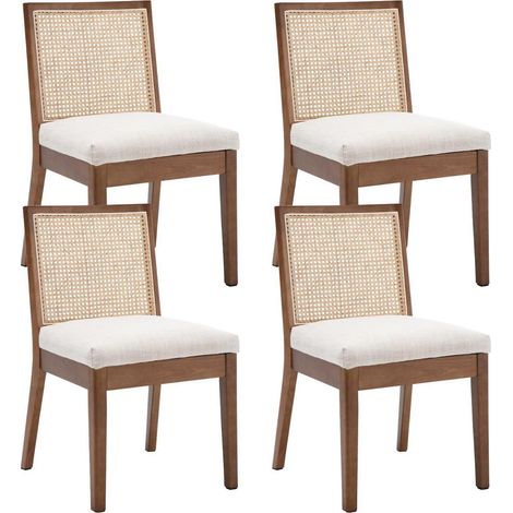 4er Set Esszimmerstühle Leinen mit Rattan Rückenlehne, Vintage Holzstühle Braun (1/5)