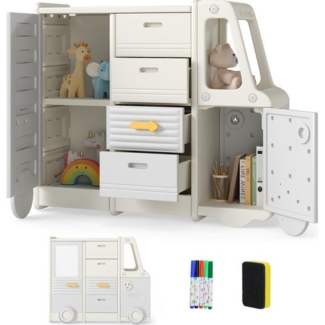 COSTWAY Organizzatore per Giocattoli per Bambini, Scaffale Portagiochi a Forma d Autobus con 1 Lavagna, 4 Cassetti e 2 Armadi, Contenitori Salvaspazio per Camera da Letto, Ingresso e Soggiorno (1/5)