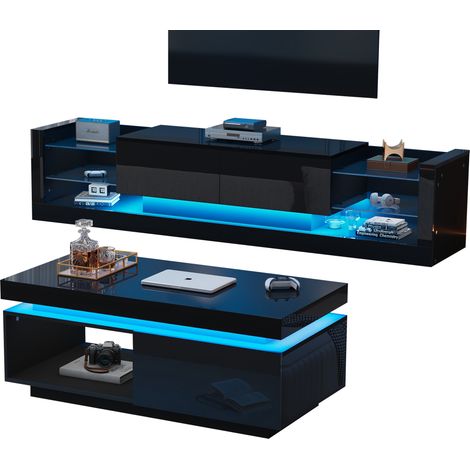 Conjunto de Muebles de Salón con 1 Mueble de TV y 1 Mesa de Centro, Iluminación LED, para Salón, Tablero de Partículas, Negro (1/5)