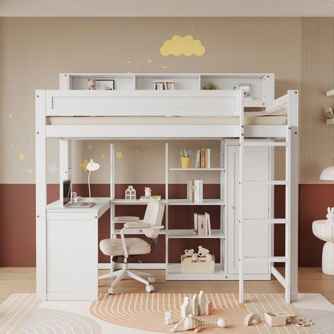 Lit Mezzanine 90x200cm avec Bureau, Armoire et Étagères - Lit simple - Blanc, Bois Pin, Échelle 4 Marches, Gain de Place Enfant (1/5)