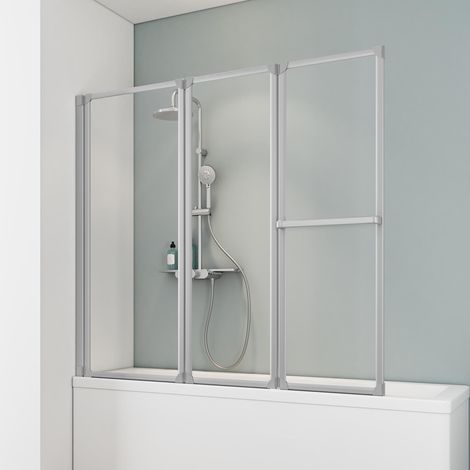 Schulte Duschwand, 3-teilig faltbar mit Handtuchhalter - Breite: 151 cm, Höhe: 140 cm, Glas: 5 mm Sicherheitsglas Klar Hell, Profil: Alu Natur