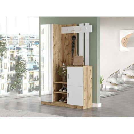 Dmora - Mobile da ingresso Australis, Entratina appendiabiti, Composizione per atrio, Consolle portaoggetti multifunzione, 114x38h180 cm, Quercia e Bianco, con imballo rinforzato, con imballo rinforza (1/5)