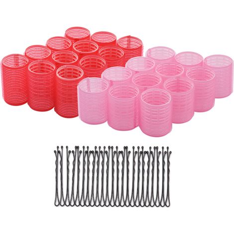 Ensemble de 24 bigoudis à cheveux (2 tailles) pour coiffure professionnelle, avec environ 24 pinces à cheveux noires (roses et rouges). (1/5)