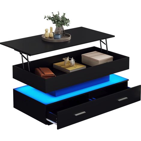 Table basse relevable hydraulique 100x50x44 cm avec LED, contrôle Bluetooth via application, 2 tiroirs et rangement ouvert, noir (1/5)