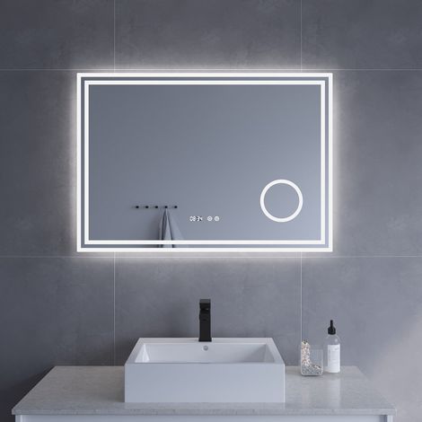 LED Spiegel mit Uhr und Kosmetikspiegel für Bad 100x70cm ESSENS Typ D Kosmetikspiegel Digital Uhr Touch Sensor Dimmbar Spiegelheizung Kaltweiß 6400K AQUABATOS (1/5)