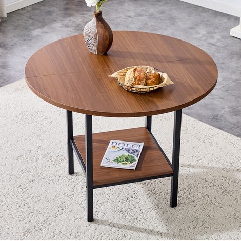 Tavolo da pranzo rotondo 100x100x77 cm noce in MDF e metallo con ripiano contenitore (1/5)