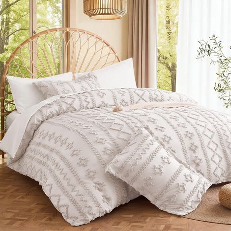 Housse de Couette 200x200 Beige Rayée Bohème Geometrique Parure de Lit Adulte Housse de Couette Microfibre 2 Personnes Unie Ado Parure Housse Couette Zippée avec 2 Taies d'oreiller 65x65 (1/5)
