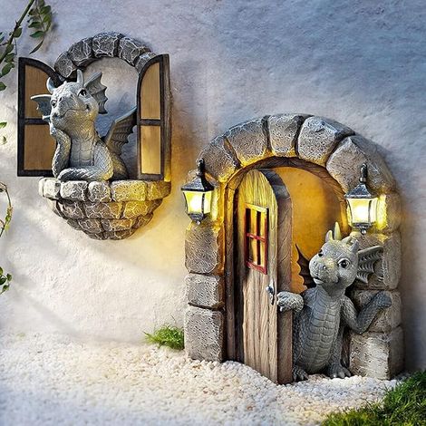Escultura de dragón de jardín para decoración de pared. Hermosa estatua de resina de dragón de jardín para puerta principal exterior. No tiene luces LED reales. Decoración de jardín. (1/4)