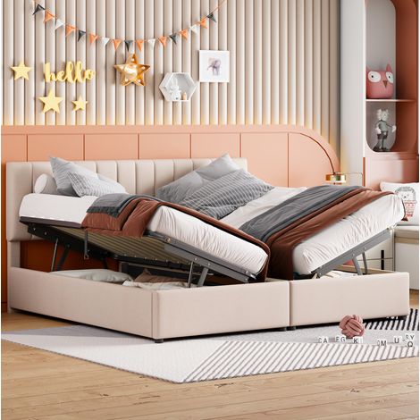 Lit capitonné 180x200 cm en lin beige avec coffre hydraulique et tête de lit réglable (1/5)