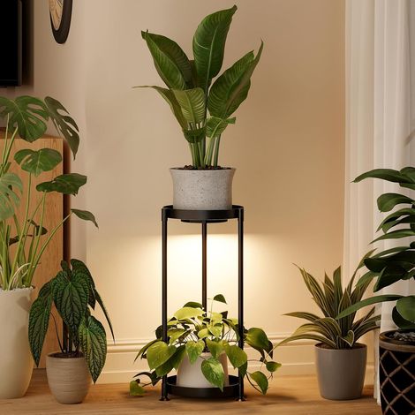 Support à fleurs en métal moderne – Support pour plante avec lampe pour plante, étagère à plantes minimaliste en noir, tabouret à fleurs stable servant d'escalier à fleurs sobre (1/5)