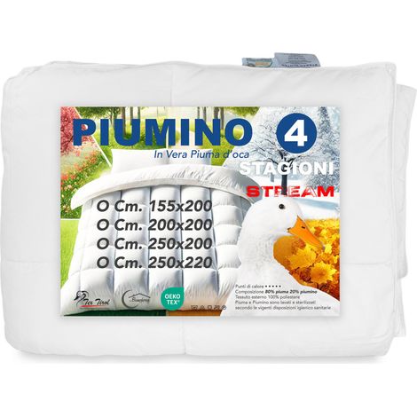 Piumino d'Oca Stream 4 Stagioni - Trapunta Letto Caldo Leggero - 80% Piuma, 20% Piumino - Singolo e Matrimoniale Cm. 200x200