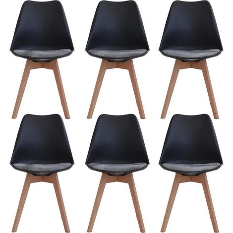 Esszimmerstuhl 6er-Set, skandinavisch, Massivholzbeine, gestreiftes Sitzkissen, Schwarz (1/5)