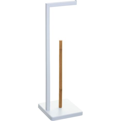 5Five Simply Smart – Dérouleur papier toilette métal blanc avec réserve en bambou – Dimensions 20x20x64,5 cm – Pour 3 à 4 rouleaux – Montage facile