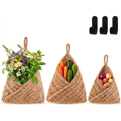 Lot de 3 paniers suspendus pour fruits en filet tressé, rangement mural pour cuisine, corbeilles à fruits avec 3 crochets, organisateur pratique pour fruits, légumes et accessoires (1/5)
