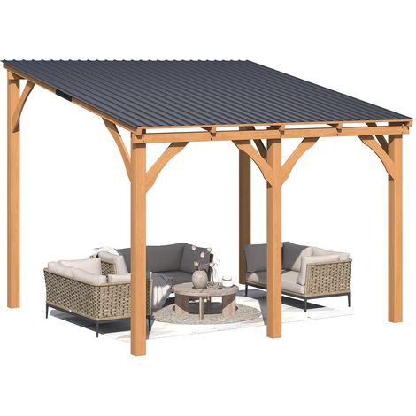 YODOLLA 3x3m Pergola Bois, Lean-to Hardtop Gazebo Outdoor Wood Cedar,Wall Mounted Pergola for Patio Decks Backyard (1/5)