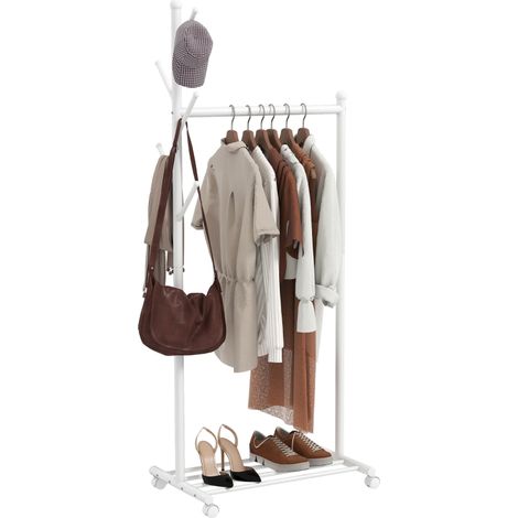 Portant à vêtements, porte-manteau sur roulettes avec étagère à chaussures et 5 crochets, 68 x 43 x 171 cm, blanc (1/5)