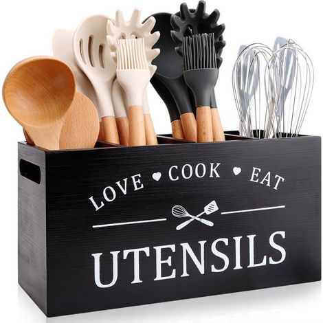 BelleRise - Porte-couverts noir pour plan de travail, porte-ustensiles de cuisine extra-large, organisateur de couverts pour plan de travail. (1/5)