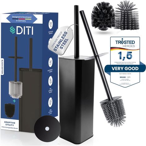Brosse WC Noir, Brosse en Silicone Toilettes WC Acier Inoxydable Incluant 2 Têtes de Brosse, Balai WC Carré Autoportant pour la Salle de Bains (1/5)