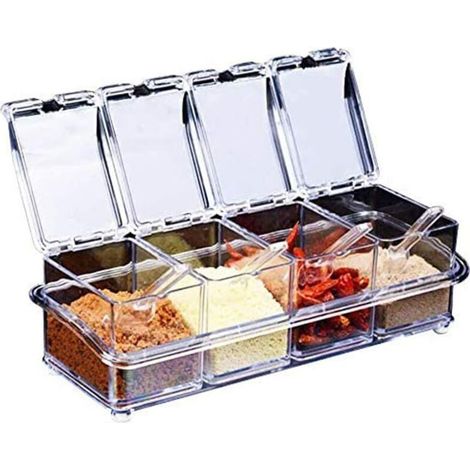 LAN Assaisonnement Box Set, 4 Pièces Condiment Jarres Stockage Conteneurs, Transparent Multifonction 4 en 1 Plastique Boîte d'Assaisonnement Avec Couvercle Et Cuillère pour Épices, Sel, Sucre, Cruet (1/5)