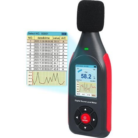 Enregistreur de données - Décibelmètre numérique - Niveau sonore avec 43 000 ensembles de données et exportations - Compteur sonore rechargeable avec fréquence A/C et sortie CC avec