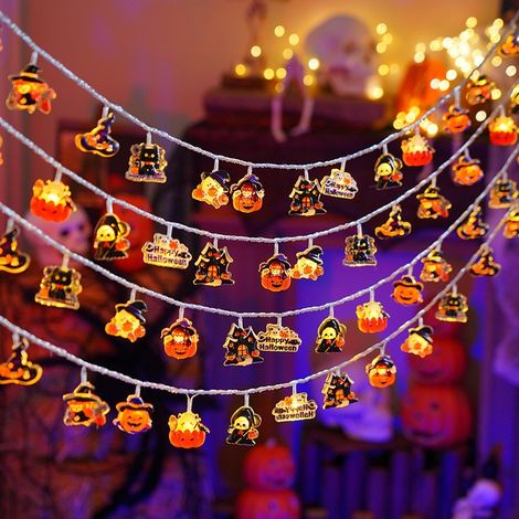 Guirlande lumineuse Halloween 3m, 20 LED – citrouille, chauve-souris, fantôme et araignée, étanche, alimentation par pile (1/4)