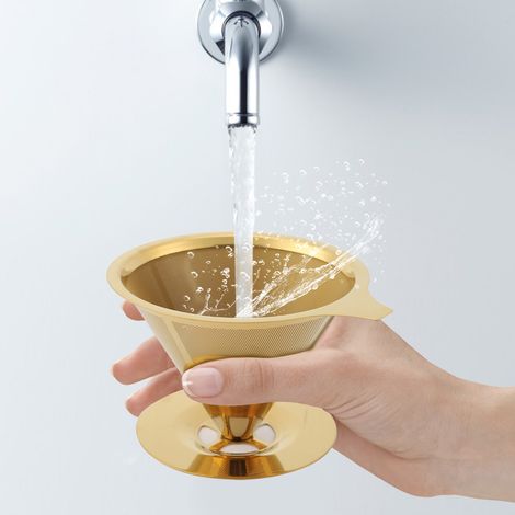 Kaffeefilter aus Edelstahl in Titan-Gold mit Tassenständer und Griff (1/4)