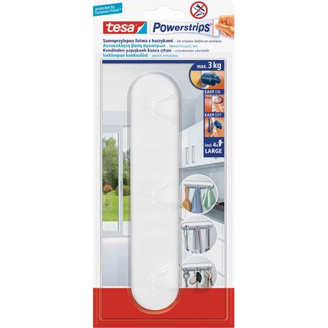 Striscia appendiabiti tripla autoadesiva TESA con tre ganci, bianca, portata fino a 3 kg. (1/3)