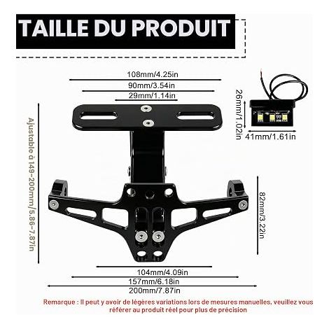 Support de Plaque D'immatriculation Moto, Kit Universel de Démontage D'aileron, Support de Plaque D'immatriculation Réglable avec éclairage Intégré (1/4)
