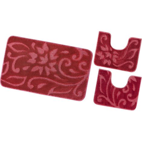Ensemble de Tapis de Salle de Bain 3 Pièces Couleur Unie Absorbant Doux Antidérapant - Bordeaux (1/5)