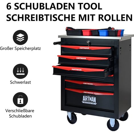 Coffre à outils roulant métallique 6 tiroirs, chariot atelier garage avec roues, dessus inox noir et rouge, rangement pour réparation entrepôt (1/5)