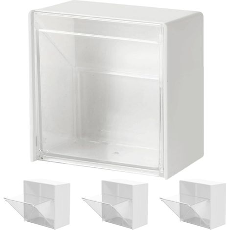 Lot de 4 Boîtes de Rangement Murales Adhésives Blanches en PS Légères pour Cotons-tiges et Cosmétiques, Design Compact pour Salon ou Bureau (1/5)