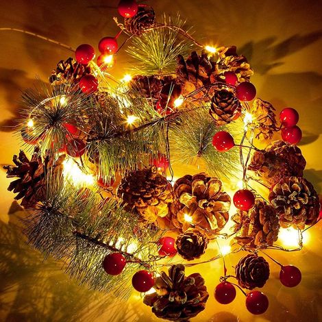 Guirlandes lumineuses de Noël,20 guirlandes lumineuses de Noël de 2M à piles,Pomme de pin Baies rouges Guirlandes lumineuses LED Fil de cuivre Lumières pour intérieur extérieur Nouvel An Festival (1/5)