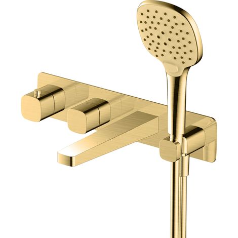 RAK Petit Square Brushed Gold Wall Mounted Concealed Thermostatic Bath Shower Mixer Tap - RAKPES3306G (1/2)