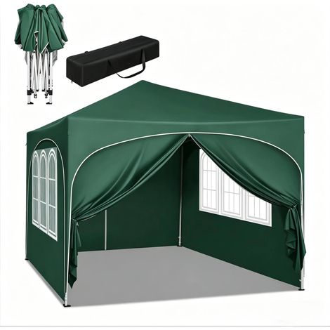 Pérgola plegable de jardín 3 x 3 m verde con laterales, techo Oxford, estructura de hierro, HOMVRA (1/5)