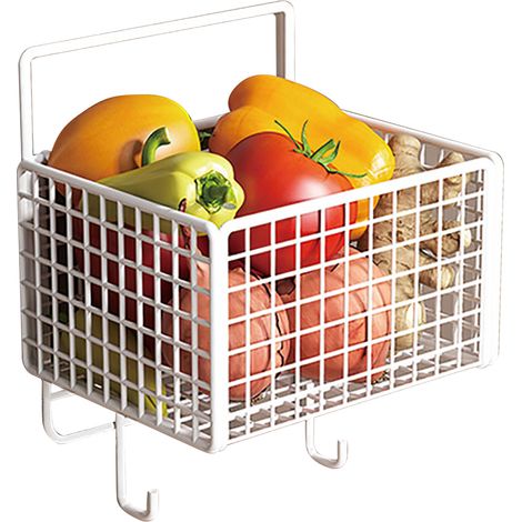 Panier mural de cuisine en métal blanc, grande capacité, gain de place, avec crochet, idéal pour les légumes et les épices. (1/5)