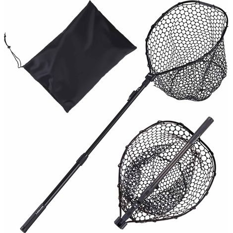 Épuisette de Pêche Pliable, Filet de Pêche avec Manche Télescopique, pour Poisson Étang Bassin Kayak Bateau, Salabre Léger et Portable, Tige en Aluminium 6063 et Filet en Silicone Souple (1/5)