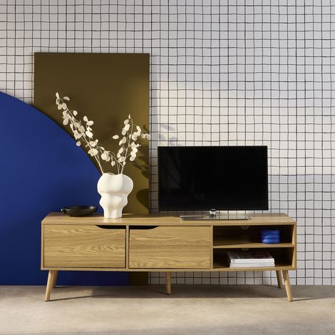 Sweeek – Meuble TV effet frêne 160cm – 2 portes et 1 étagère – Style scandinave moderne – Rangement optimisé pour salon