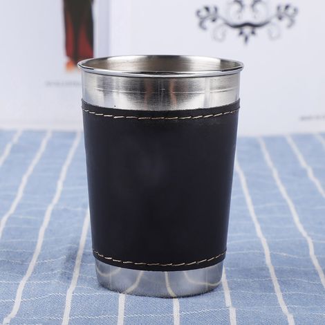 Lot de 4 mini tasses à café/vin portables de 170 ml en acier inoxydable avec couvercle en cuir (1/5)