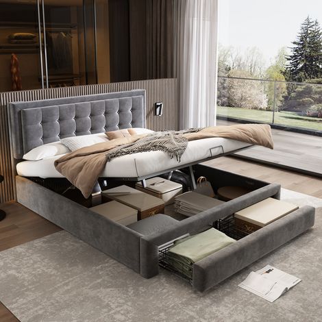 lit coffre, lit double avec 2 tiroirs, lit adulte, lit 180x200 avec sommier, lit capitonné, avec levier hydraulique, velours, Gris (1/5)