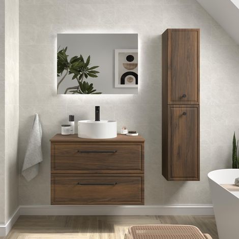 Mueble de Baño RUNA 80cm Nogal 2 cajones Lavabo sobre encimera 1 poza Porcelana (1/5)