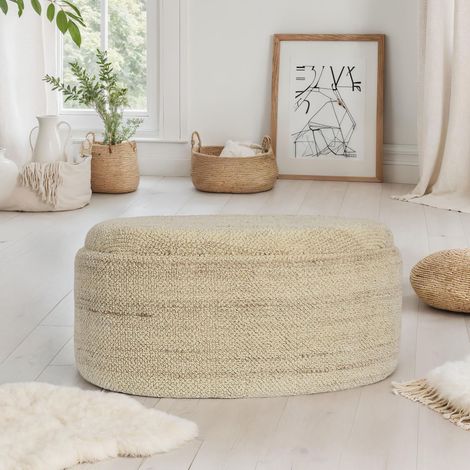 Pouf ovale avec coffre de rangement 81x62x40 cm en laine naturel (1/5)