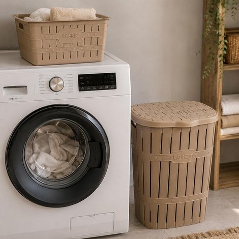 Cestone portabiancheria con coperchio e cesta coordinata effetto legno beige (1/5)