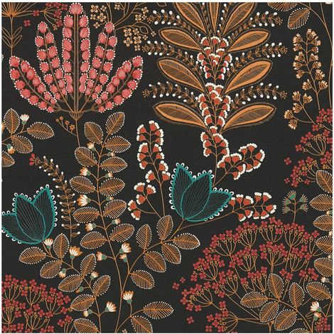 Papier peint floral Profhome 393495 papier peint intissé gaufré à chaud légèrement texturé avec des ornements floraux mat noir orange-rouge bleu blanc 5,33 m2