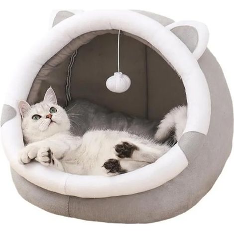 Cama cueva para gatos, cojín extraíble, diseño de orejas, plegable, para interiores (1/5)