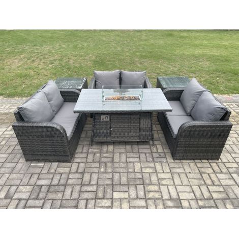 Fimous Rattan Gartenmöbel Sofa Set Gas Feuergrube Esstisch Gasheizung mit 2-Beistelltischen Liebe Sofa Dunkelgrau Gemischt (1/5)