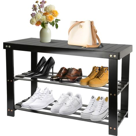 Banc à Chaussures, Étagère à Chaussures à 3 Niveaux,  avec Armature bois,pour entrée, Salon, Couloir,70x27x42cm (1/5)