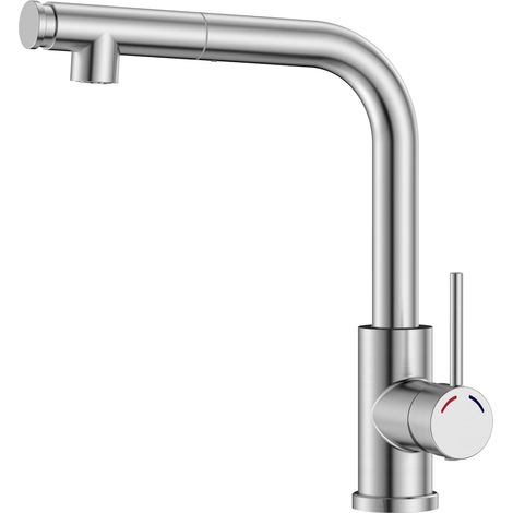 Mitigeur Robinet Cuisine - Robinetterie Evier Escamotable avec Douchette,Pivotant à 360,Deux Types de Jet d'eau,Acier Inoxydable,Forme en L Monolevier pour 1 Trou,Hauteur 27,3 cm,Nickel (1/5)