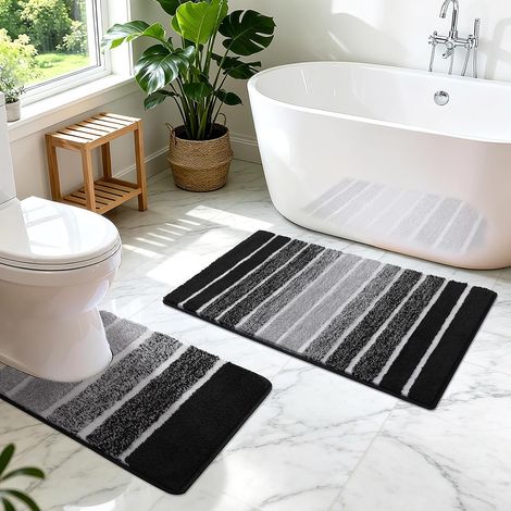 Lot de 2 tapis de salle de bain antidérapants et absorbants, doux, lavables en machine, tapis contour WC pour toilettes - 45 x 65 + 50 x 60 cm - Noir (1/5)