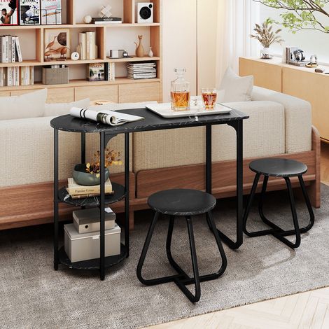 Ensemble de repas noir 3 pièces en bois et métal avec table, 2 tabourets et étagères latérales pour cuisine, studio et coin repas (1/5)